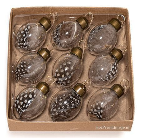 Glazen ei met veren. Set 9 stuks