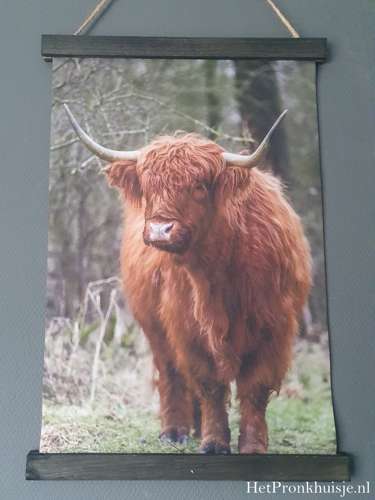 Wanddoek. Hooglander in bos