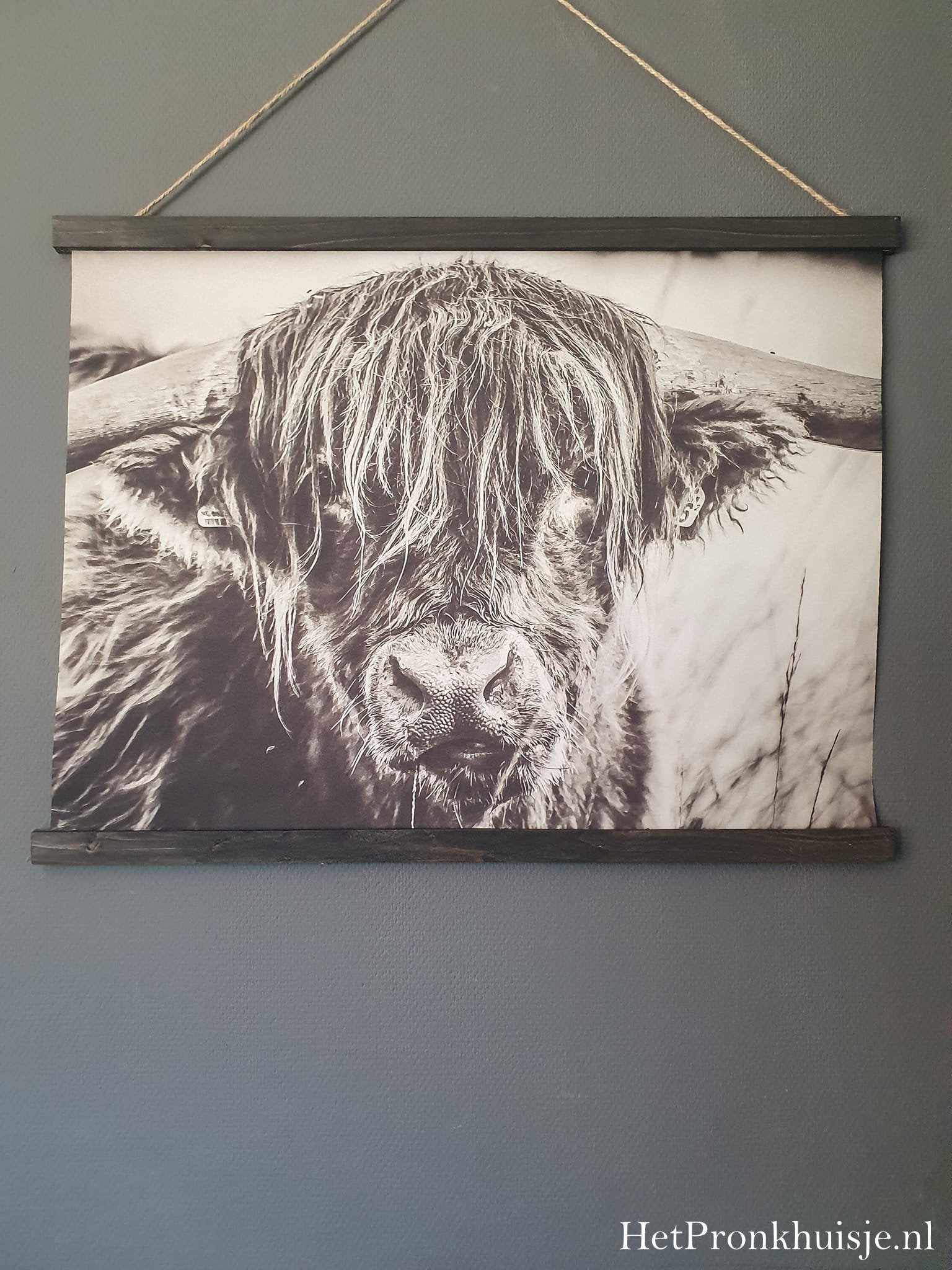 Wanddoek. Hooglander kop. Zwart wit. 80x60