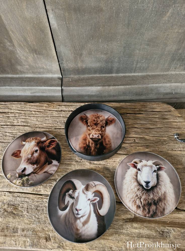 Glazen onderzetters in houder. Dieren