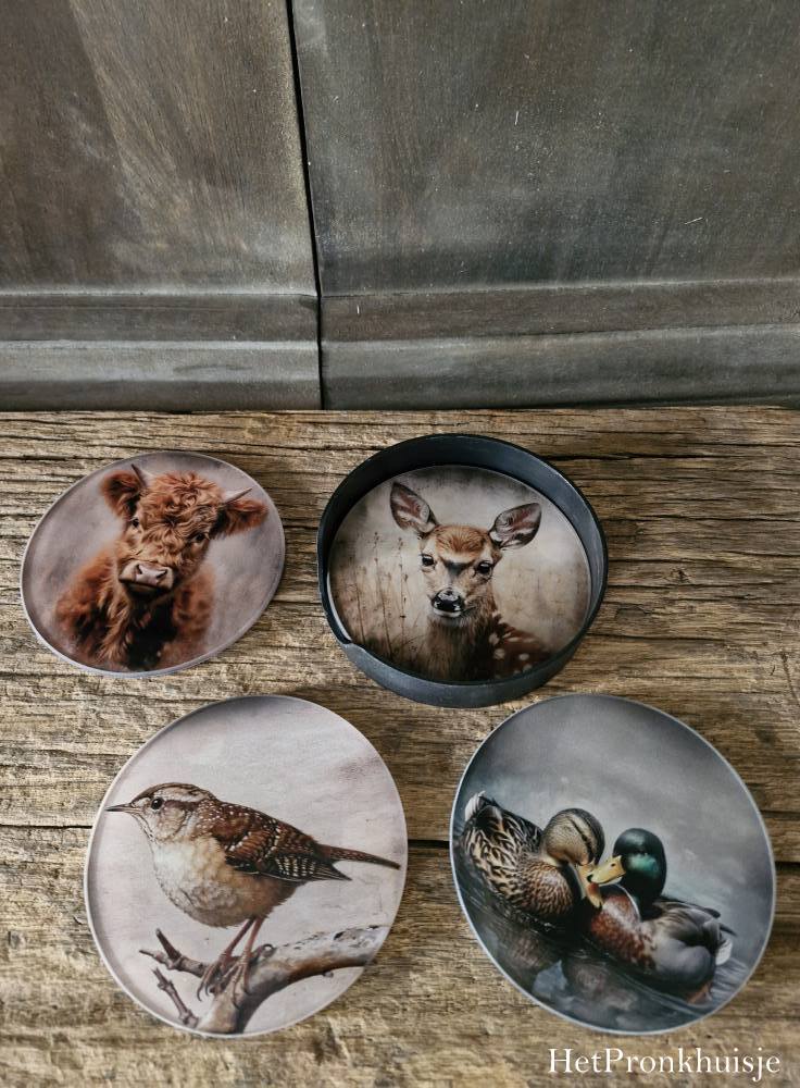 Glazen onderzetters in houder. Vogel