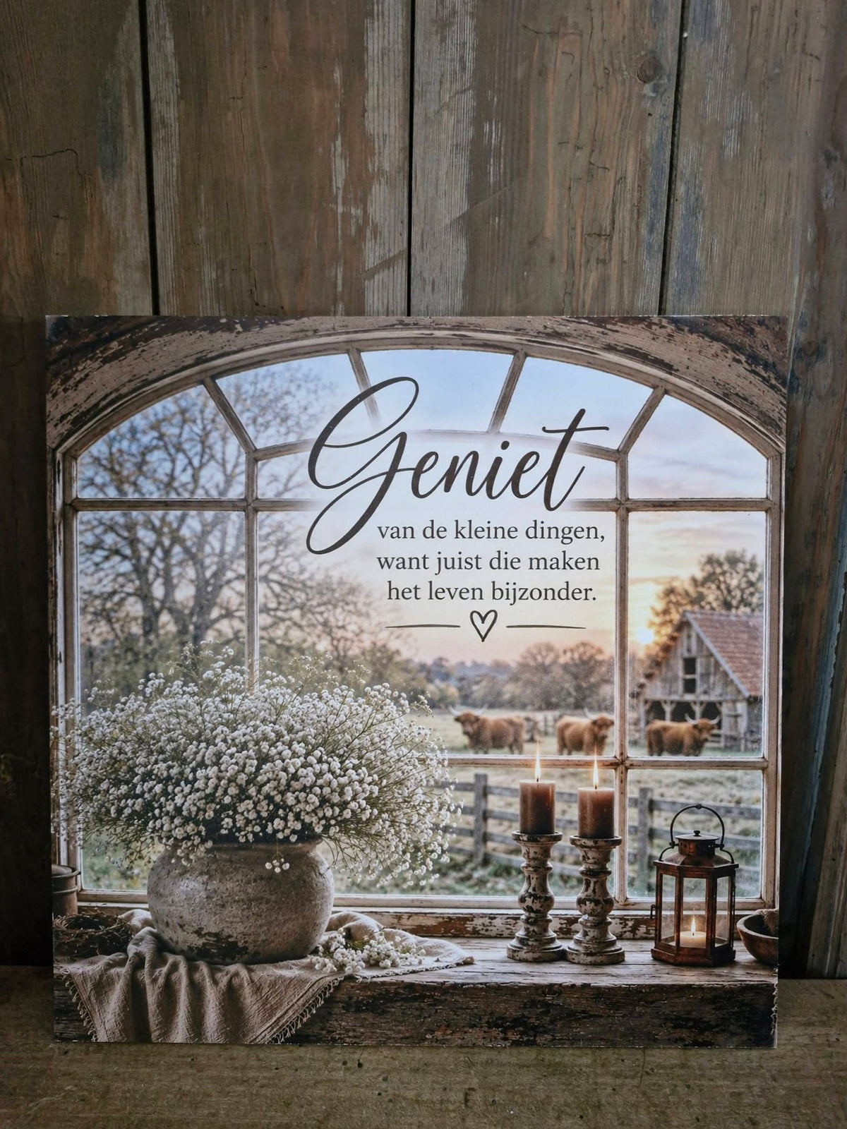 Houten bord. 30x30. Geniet van