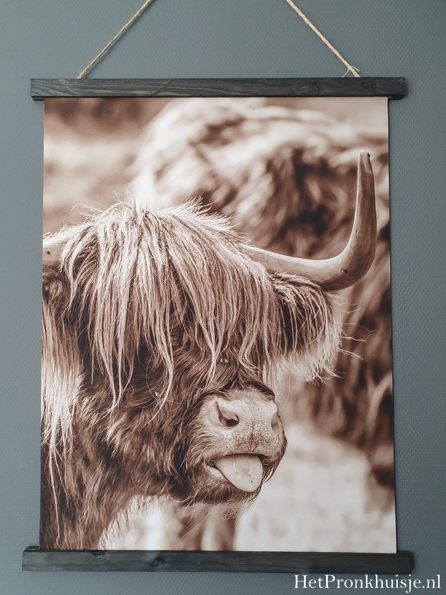 Wanddoek. Hooglander tong. Sepia