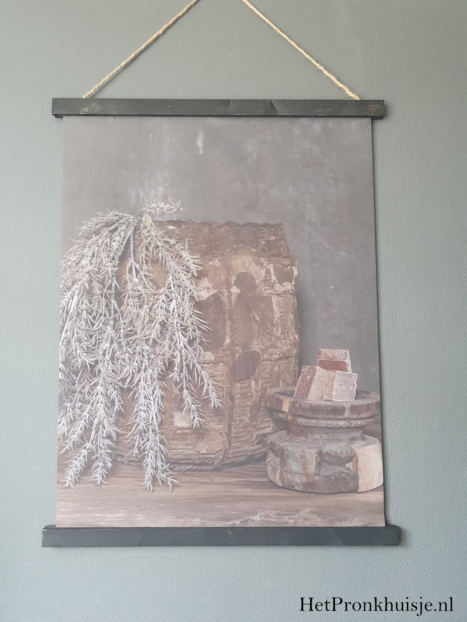 Wanddoek. Leemmand met hangplant.