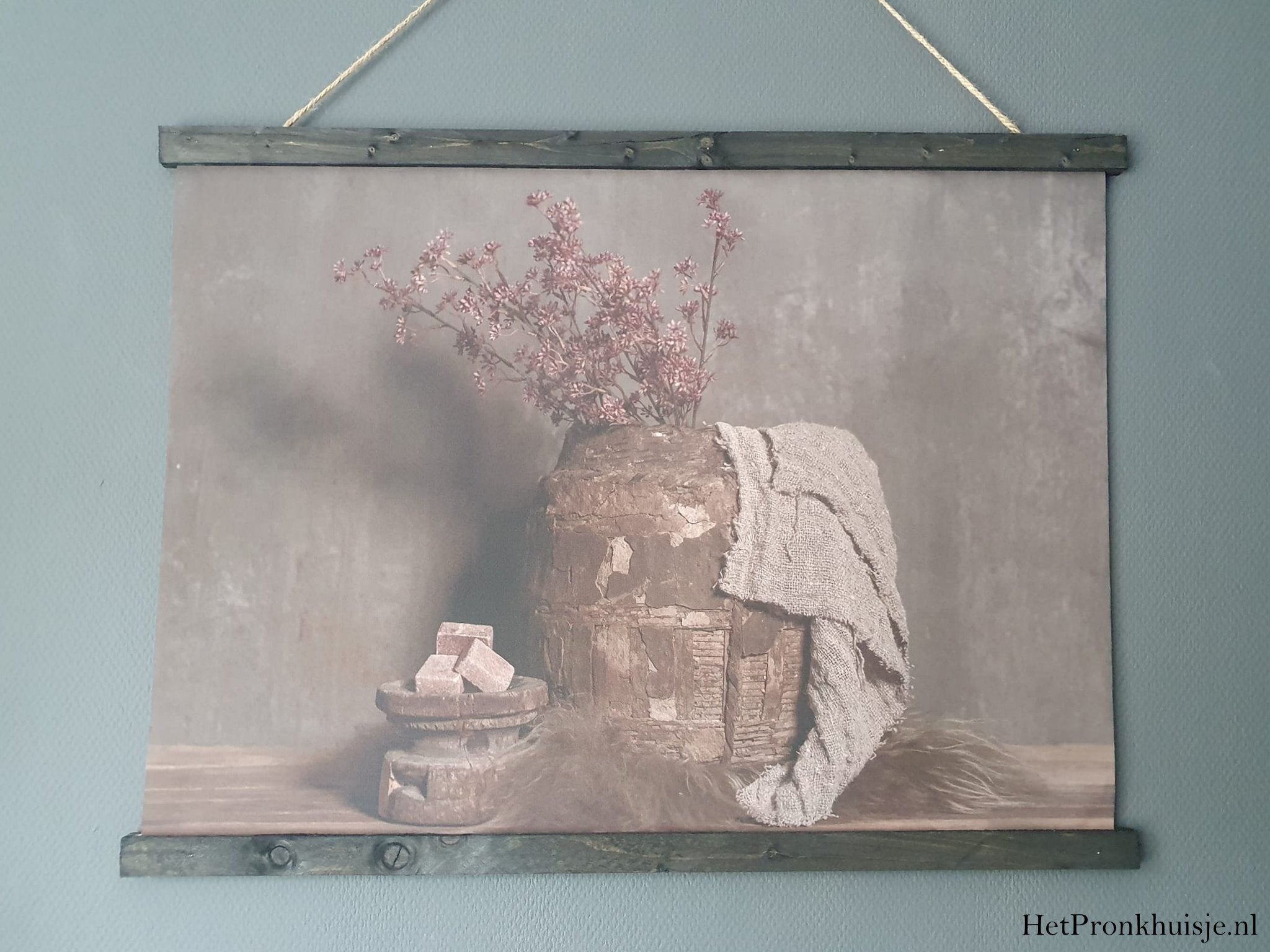 Wanddoek. Leemmand met shabby doek. 80x60